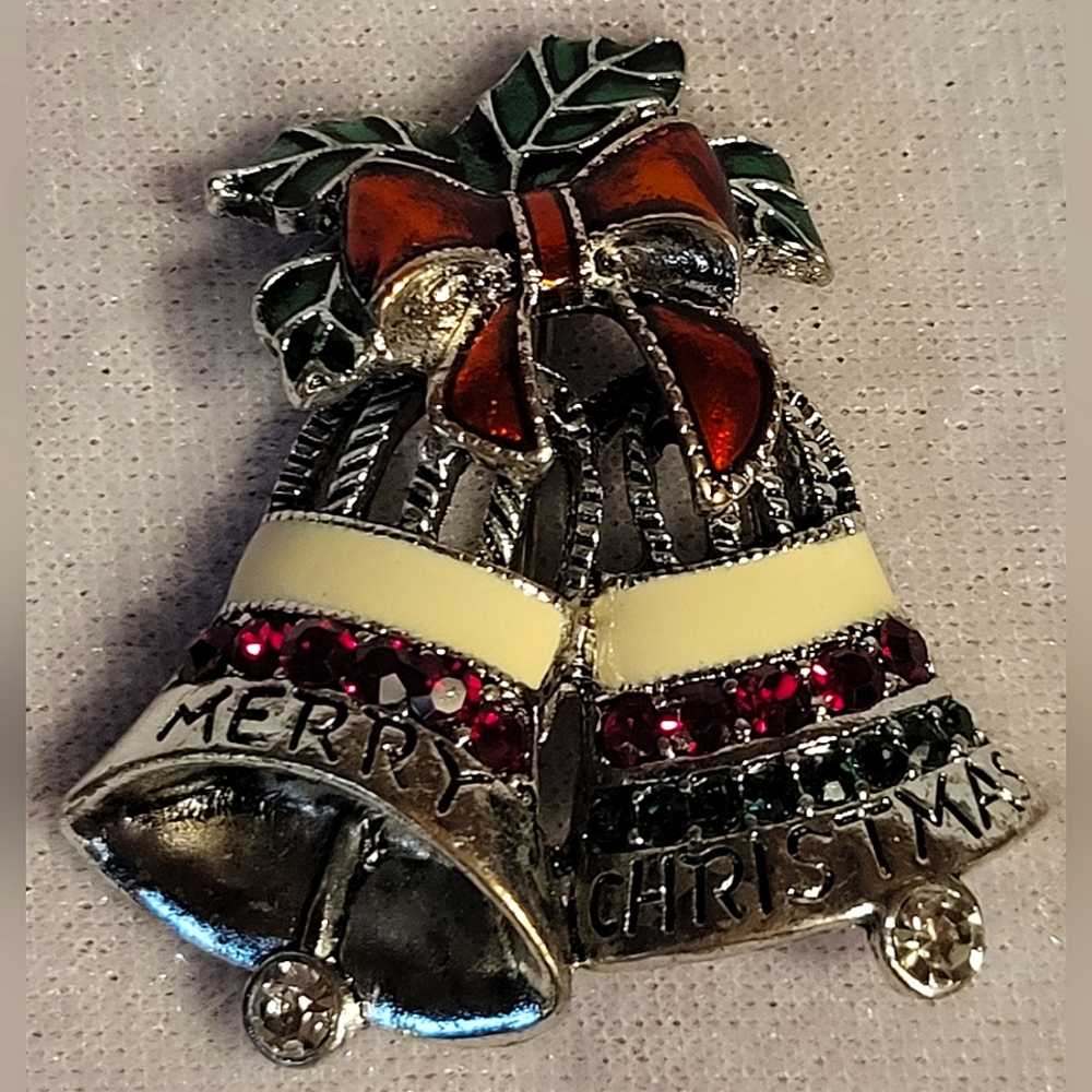 Holiday Merry Christmas Red / Green Rhinestone Silver Tone Enamel Brooch